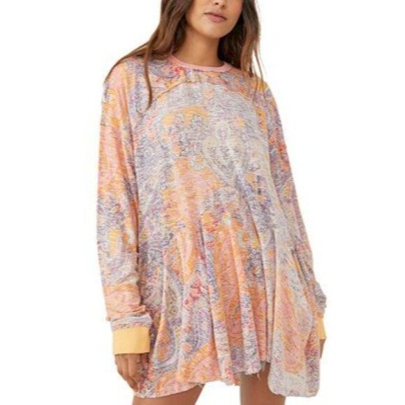 Free People making circles longline t-shirt in multi paisley Oversized Fit sz M - Picture 1 of 9